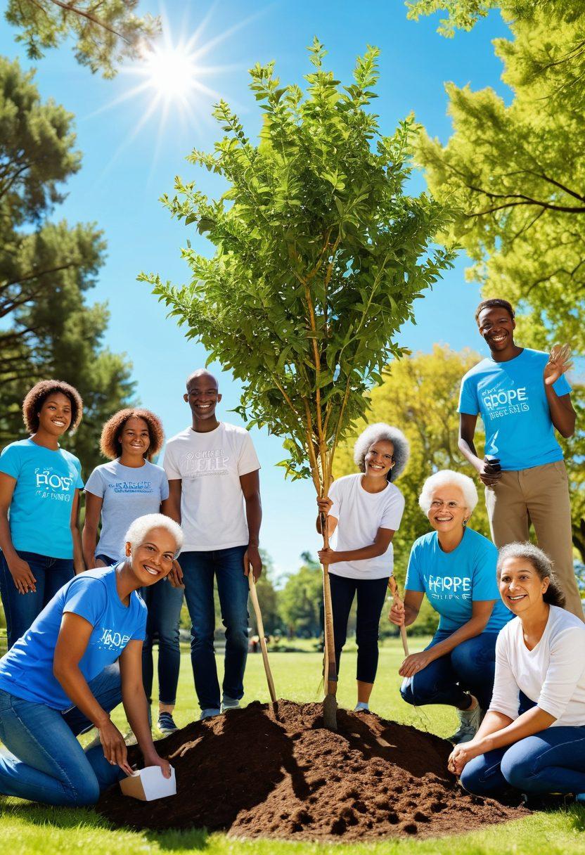 A diverse group of people of various ages and backgrounds engaging in a collaborative community project, planting trees in a sunny park, smiling and working together. Include elements like colorful community banners and a radiant blue sky to symbolize hope and transformation. super-realistic. vibrant colors. uplifting atmosphere.