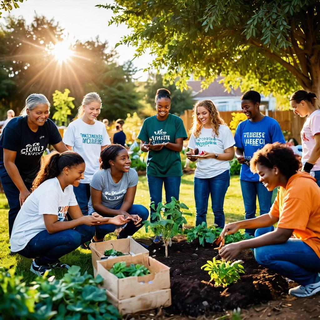 A diverse group of volunteers engaging in various charitable activities, such as feeding the homeless, teaching children, and planting trees in a community garden. The scene is filled with smiles, unity, and a warm sunset in the background symbolizing hope. Include diverse people of different ages and cultures, showcasing generosity and collaboration. super-realistic. vibrant colors. warm tones.