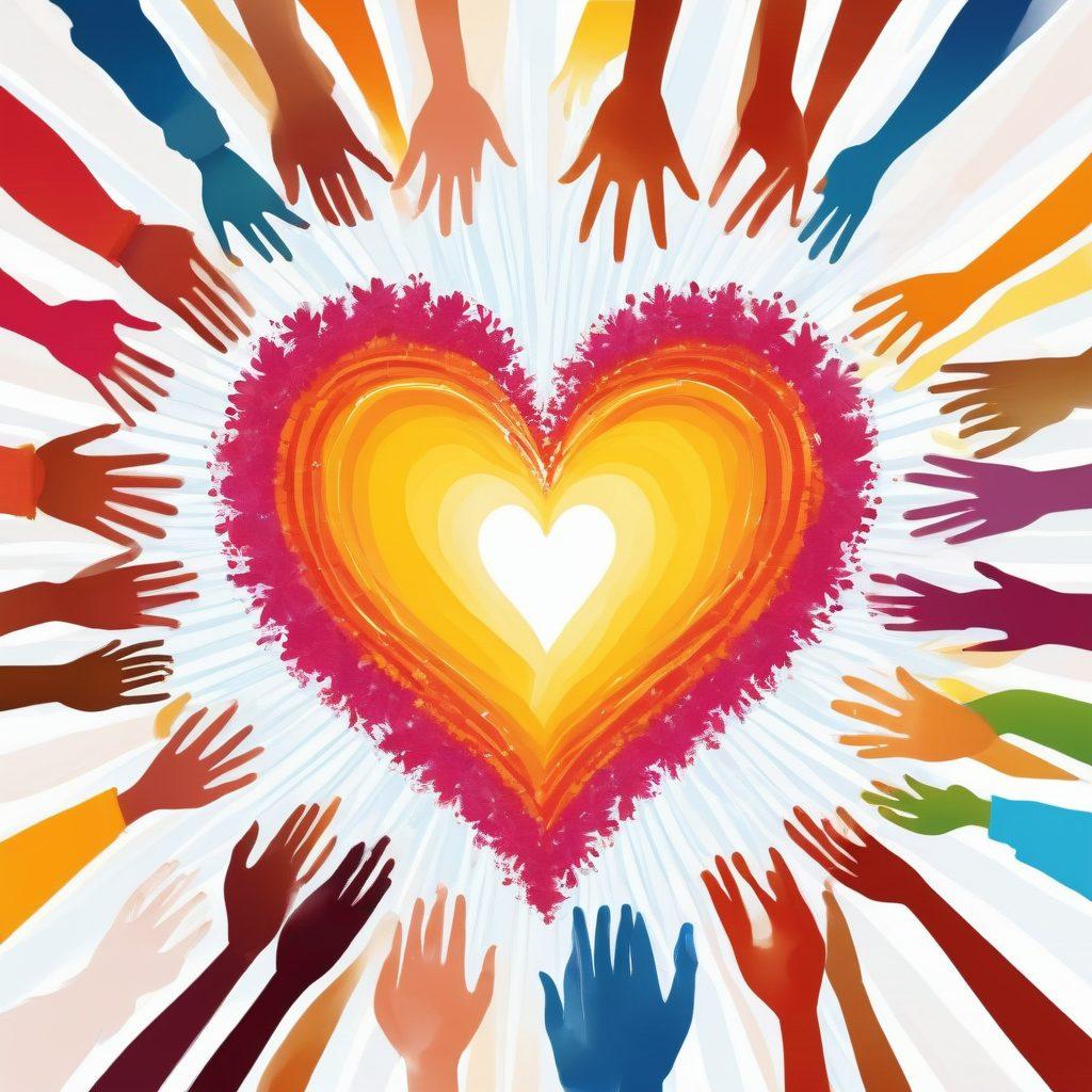 An illustration of diverse community members holding hands around a large heart, symbolizing compassion and connection. Surround them with vibrant ripples that represent the positive effects of engagement spreading throughout the neighborhood. Include elements like blooming flowers and children playing in the background to signify growth and joy. Emphasize bright colors to evoke feelings of warmth and unity. vector art. vibrant colors. white background.